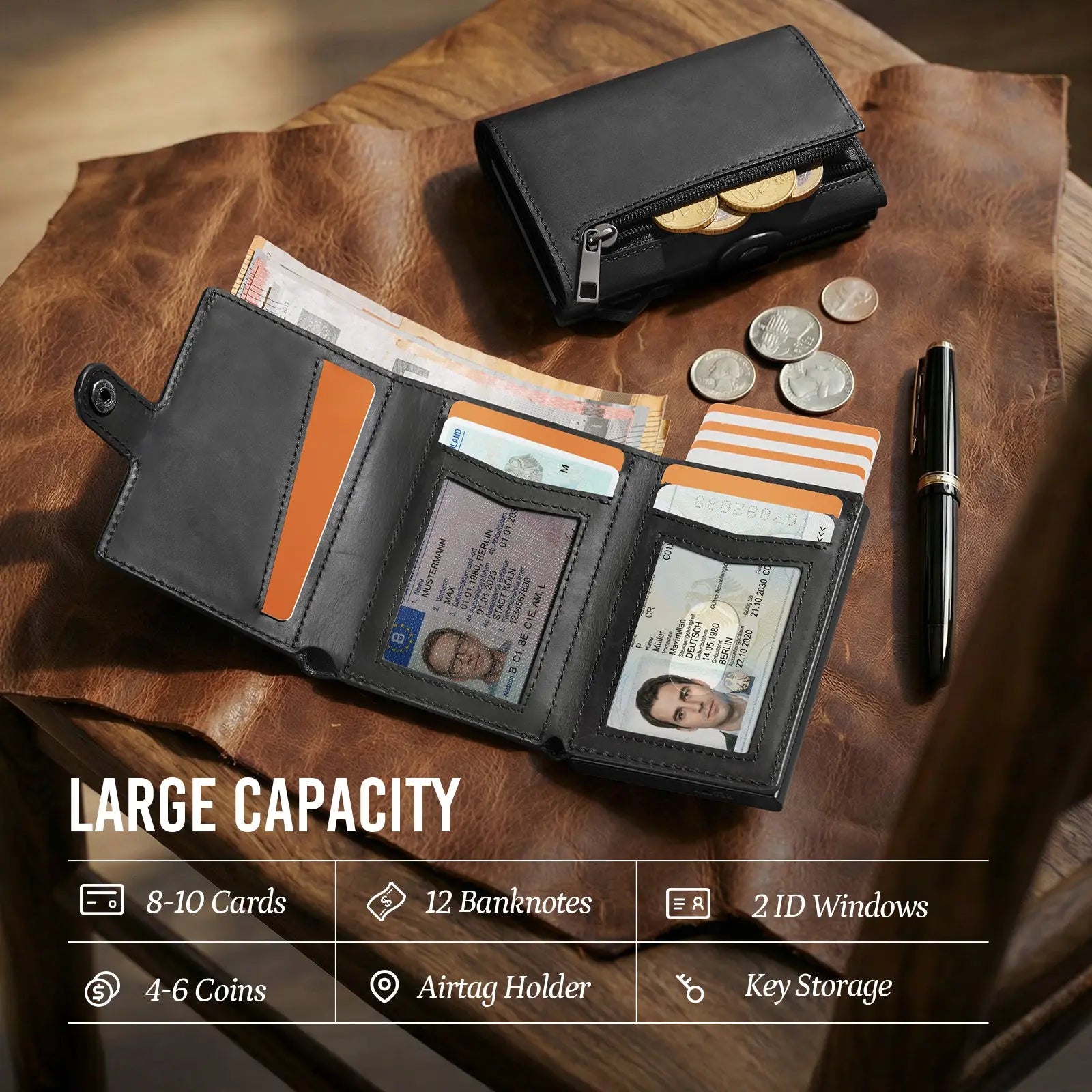 YESIIW GENUINE LEATHER POPUP WALLET CAN STORE 9 CARDS, 12 BILLS, 2 ID CARDS, 4-6 COINS, ONE AIRTAG