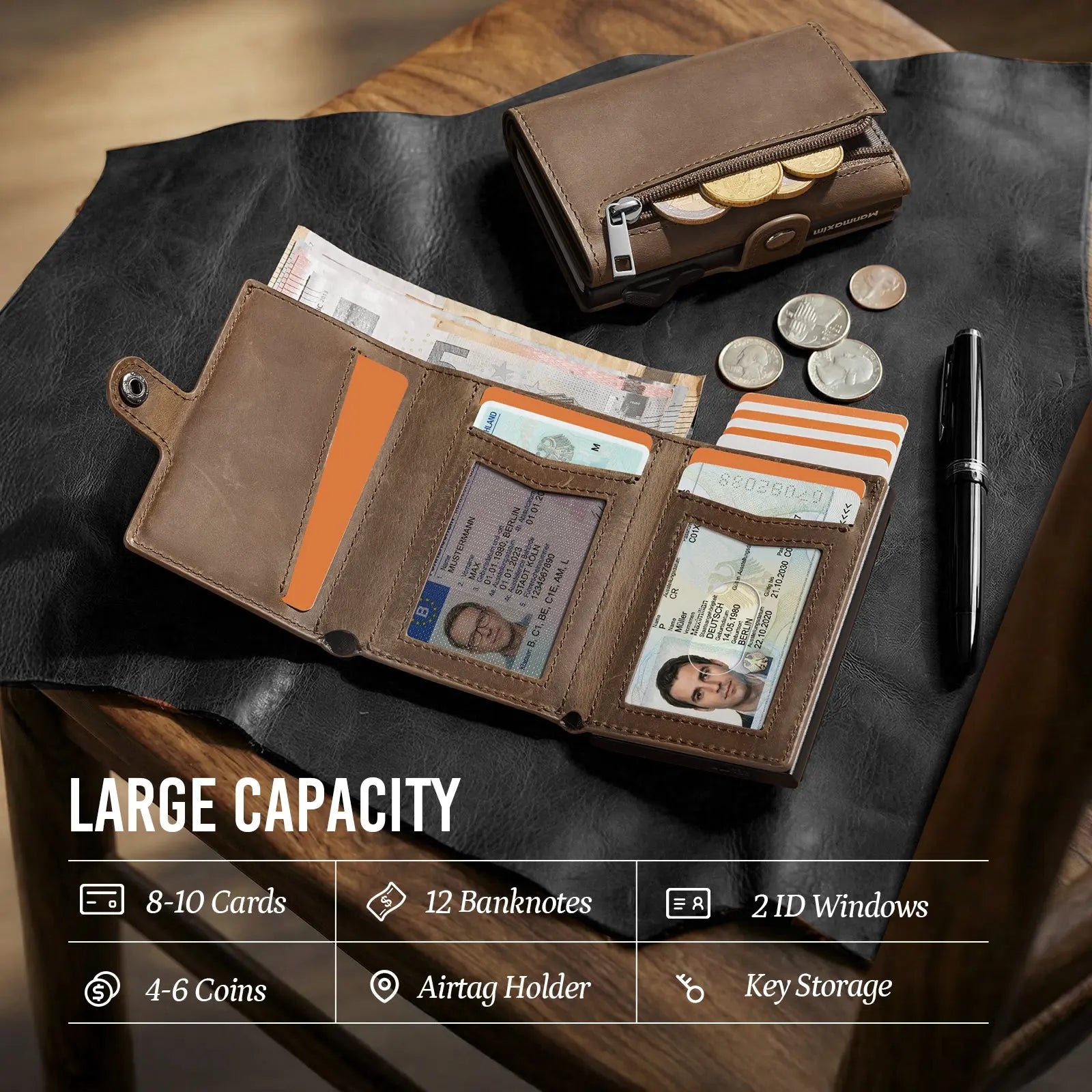 YESIIW GENUINE LEATHER POPUP WALLET CAN STORE 9 CARDS, 12 BILLS, 2 ID CARDS, 4-6 COINS, ONE AIRTAG