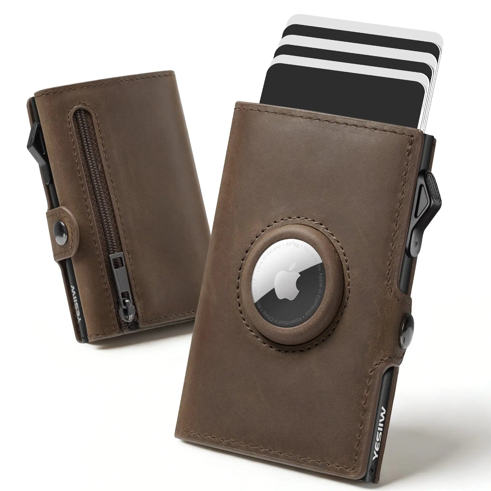 YESIIW GENUINE LEATHER POPUP WALLET, DARK BROWN COLOR